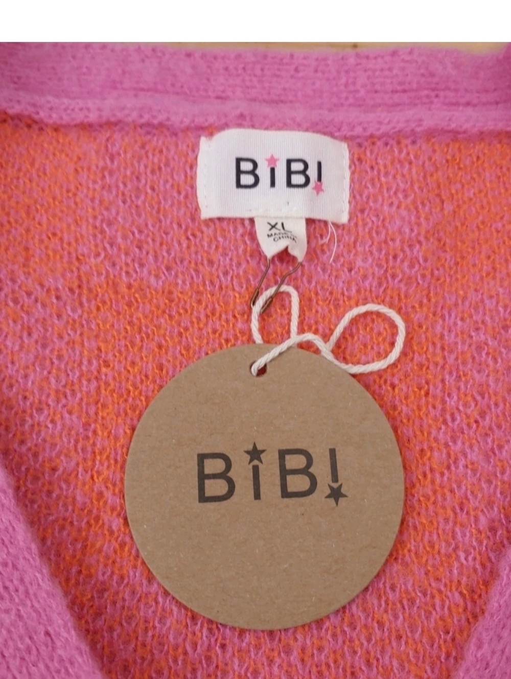 Bibi V-Neck Cardigan Sweater Sz XL Pink Orange Checkerboard Clear Sequined Nwt - Picture 6 of 12